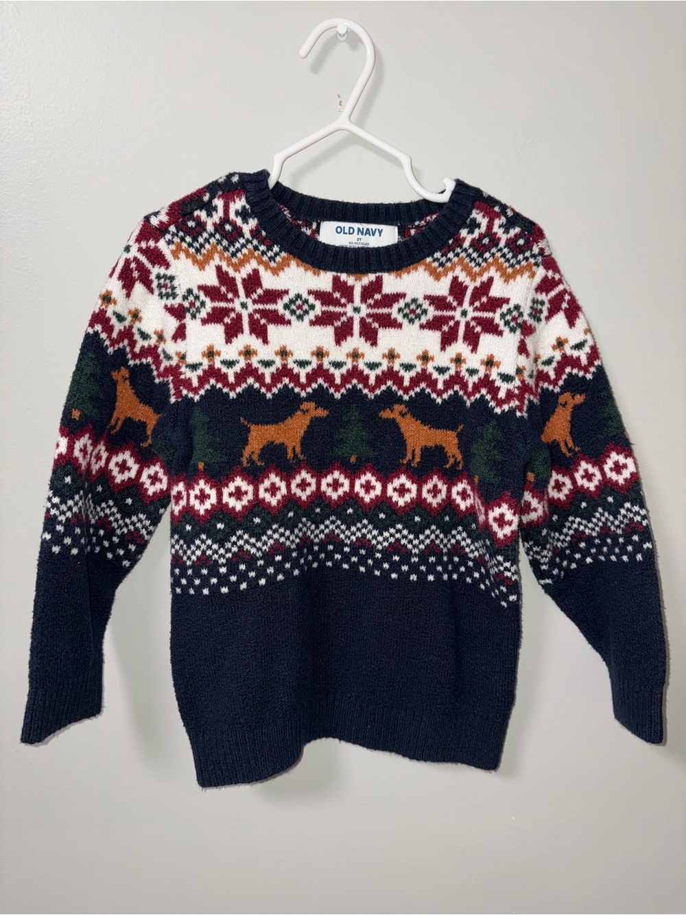 Old Navy Fair Isle Christmas Holiday Snowflake Dog Pullover Sweater Navy 3T